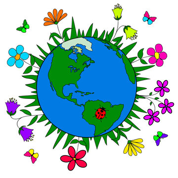 Handmade drawing planet Earth and flowers, nature conservation, ecology