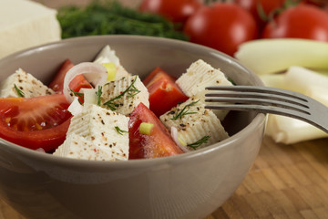 organic cheese and tomatoes salad on wooden table close up
