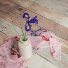 Blue iris in stoneware vase