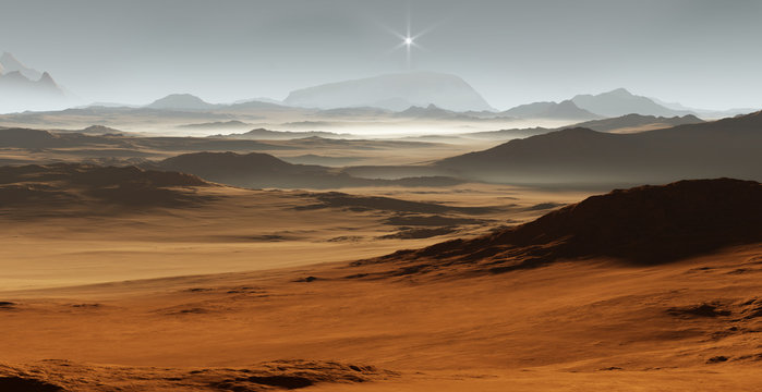 Sunset on Mars. Martian landscape with sand dunes. 3D illustration