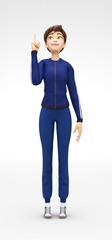 Fototapeta premium Smiling, Curious and Delighted Jenny - 3D Cartoon Female Character Sports Model - Intrigued By Awesome Brilliant Idea, in Athletic Gym Sweat Suit, Isolated on White Spotlight Background