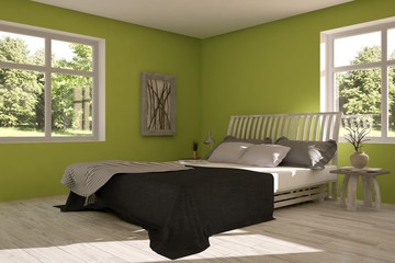 Green bedroom with summer landscape in window. Scandinavian interior design. 3D illustration