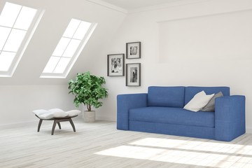 White modern room with sofa. Scandinavian interior design. 3D illustration