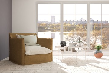 White room with armchair and urban landscape in window. Scandinavian interior design. 3D illustration