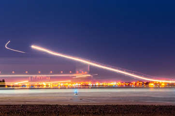 Night lights, tracks of lights in the movement of aircraft on long exposure