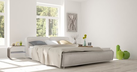 White bedroom with green landscape in window. Scandinavian interior design. 3D illustration