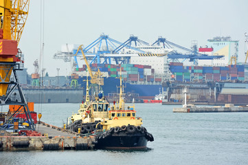 Tugboat and port cargo crane