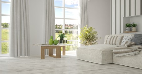 White room with sofa and green landscape in window. Scandinavian interior design. 3D illustration