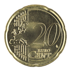 20 euro cents coin isolated on white background. Macro image. European cash pocket money.