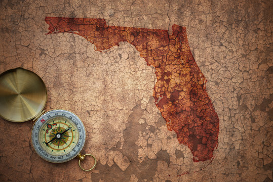 map of florida state on a old vintage crack paper