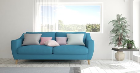 White room with sofa and green landscape in window. Scandinavian interior design. 3D illustration