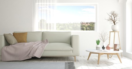 White room with sofa and green landscape in window. Scandinavian interior design. 3D illustration