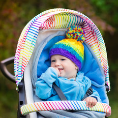 Baby boy in stroller in autumn park