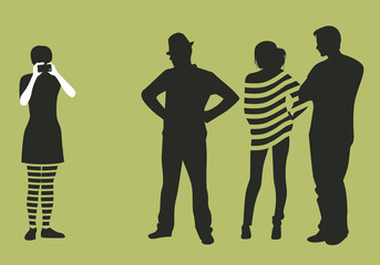 Girl making photos or movies with the phone and group of three looking at her. Silhouettes vector Illustration