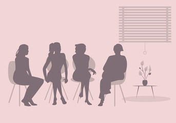 Group of four women sitting together talking together. Silhouettes vector illustration