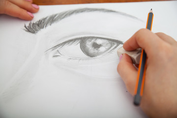 Closeup of drawing human eye at the desk
