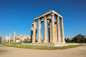 Temple of Olympian Zeus and Acropolis Hill, Athens, Greece.