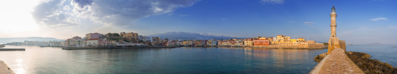 Panorama of the old Venetian harbour in Chania, Crete - obrazy, fototapety, plakaty