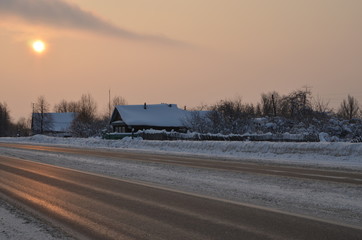 winter road at sunset