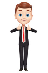 Young businessman shows two thumbs up on a white background. 3d render illustration.
