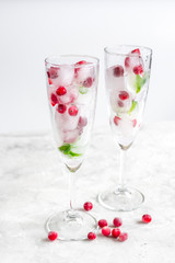 fresh cranberry in ice cubes in glasses on white background mock-up