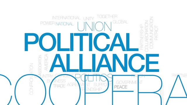 Political alliance animated word cloud, text design animation. Kinetic typography.