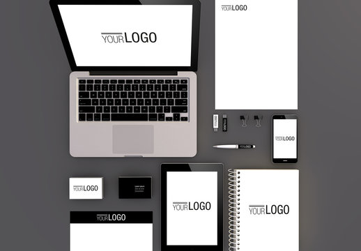 Devices and Stationery Set on Gray Background Mockup