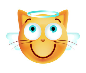 Cute Angel Emoticon Cat on White Background. Isolated Vector Illustration 