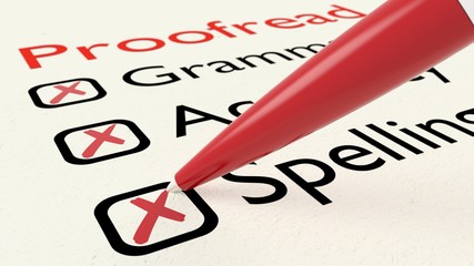 Checklist of proofreading characteristics grammar accuracy and spelling on paper crossed off by a red pen 3D illustration