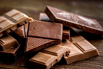 black chocolate close up on wooden background