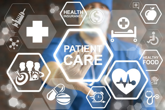 Patient Care - Medicine, Healthcare Concept. Doctor Touched Icon Patient Care Text On Virtual Screen. Human Health Caring, Medical People Support, Healthy Insurance, Hospital Staff Professionalism.