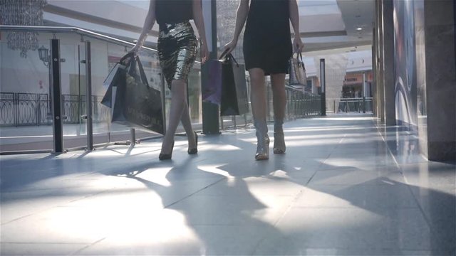 Two girl-friends on shopping has risen on the escalator with bags, fashion woman shopping