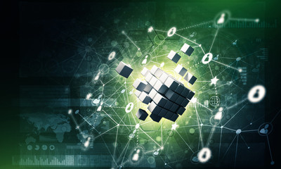 Concept of Internet and networking with digital cube figure on d