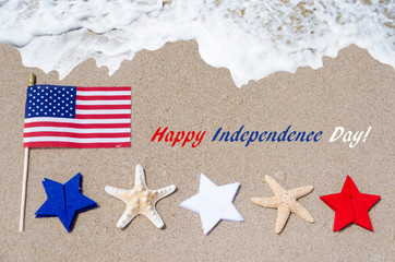 Fototapeta na wymiar Independence Day USA background with flag, starfishes and stars