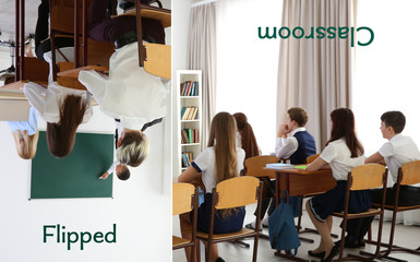 Flipped classroom concept. Children at school