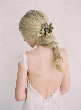 Rear view of bride wearing wedding dress