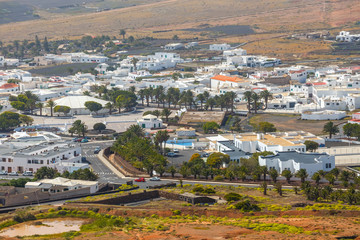 Top view on Teguise city from Castle hill on Lanzarote island in Spain, former capital of the island