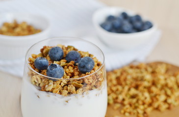 Healthy breakfast. Homemade muesli yogurt and blueberry