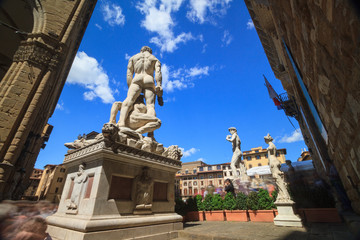 Obraz premium Sculptures of David and Hercules killing Cacus in Piazza della Signoria, Florence, Tuscany, Italy