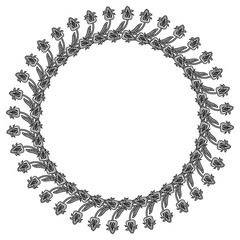 Black and white round frame with floral silhouettes. Copy space. 