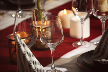 Empty glasses on table in restaurant