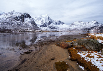 Mountain lake. Spring in the Lofoten Islands.