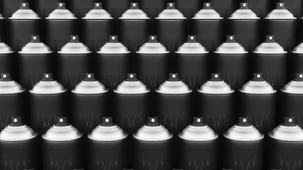 Layered Lines of Blank Black Aerosol Cans With Shiny Black Silver Domes