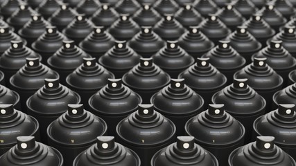 Uniform Grid of Shiny Black Aerosol Cans With White Nozzles
