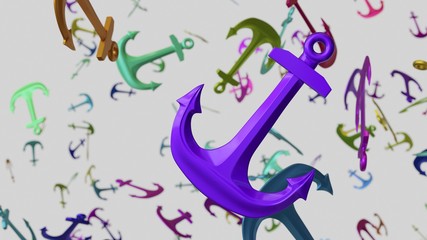 Classical Styled Shiny Metal Anchors of Various Colors Floating in White Space
