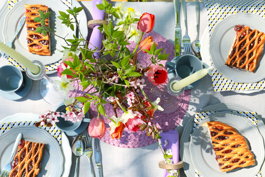Floral table setting for dinner outdoor