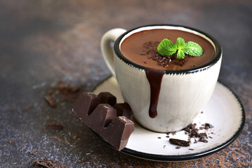 Portion of homemade mint hot chocolate in a cup.