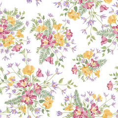 Floral ornamental white seamless pattern. Flower garden backgrou