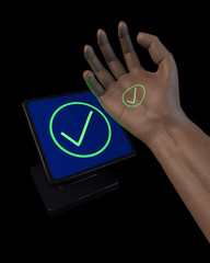 3D illustration concept of a human hand paying with implanted NFC technology at a traditional style tap and pay terminal. Implant, terminal and payment graphics are fictitious.