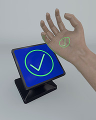 3D illustration concept of a human hand paying with implanted NFC technology at a traditional style tap and pay terminal. Implant, terminal and payment graphics are fictitious.